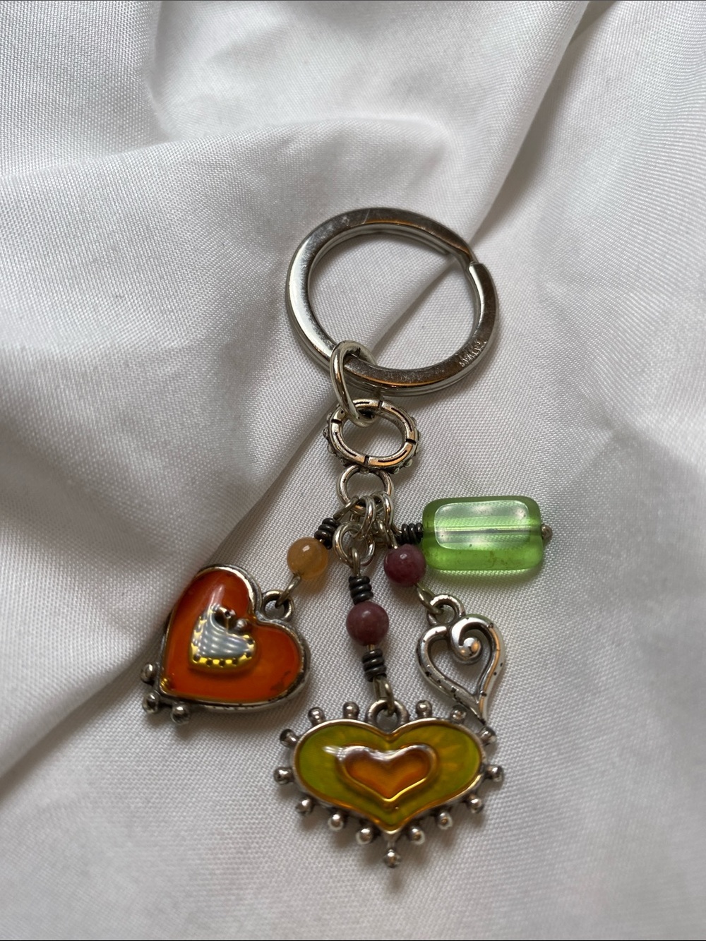 Brighton One Heart Key Fob Keychain Beaded Heart Charm Keyring - Orange & Green - Picture 2 of 2
